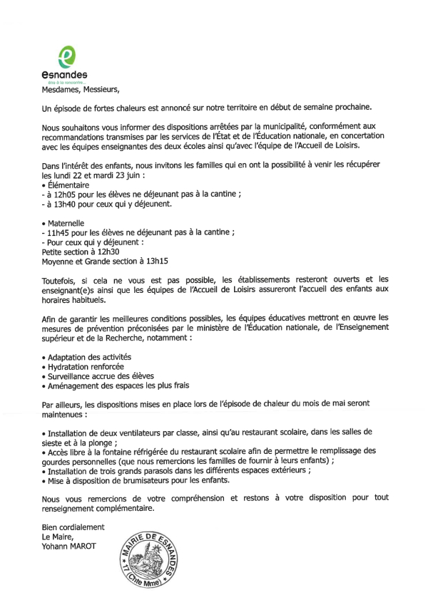 &Eacute;pisode de fortes chaleurs &ndash; Information aux familles
