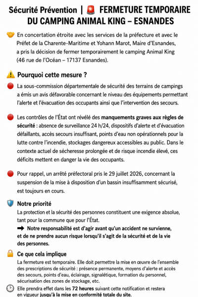 Fermeture temporaire du camping Animal King